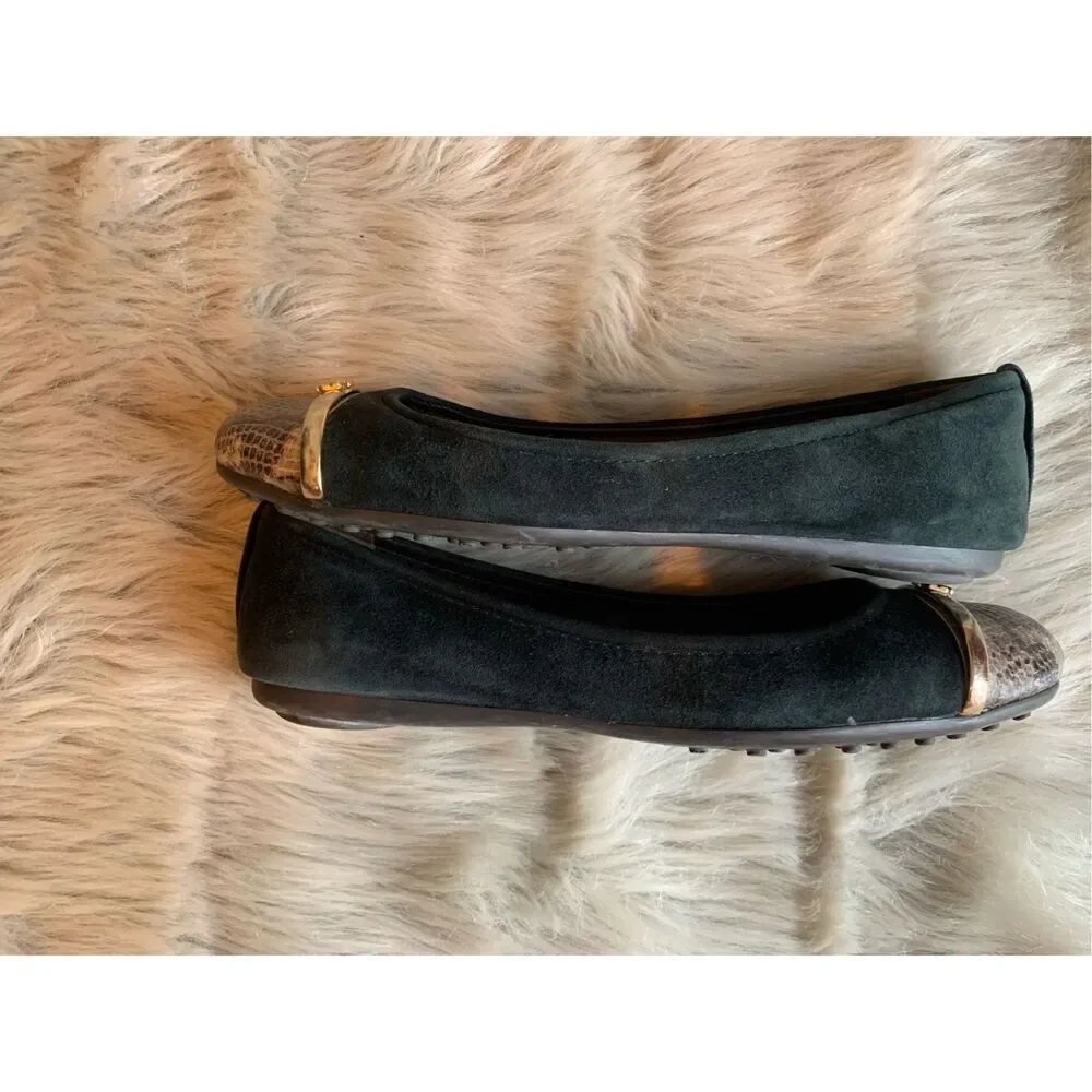Tory Burch Pacey Driver Green Suede Snakeskin Cap Toe Ballet Flats Size 6.5 M